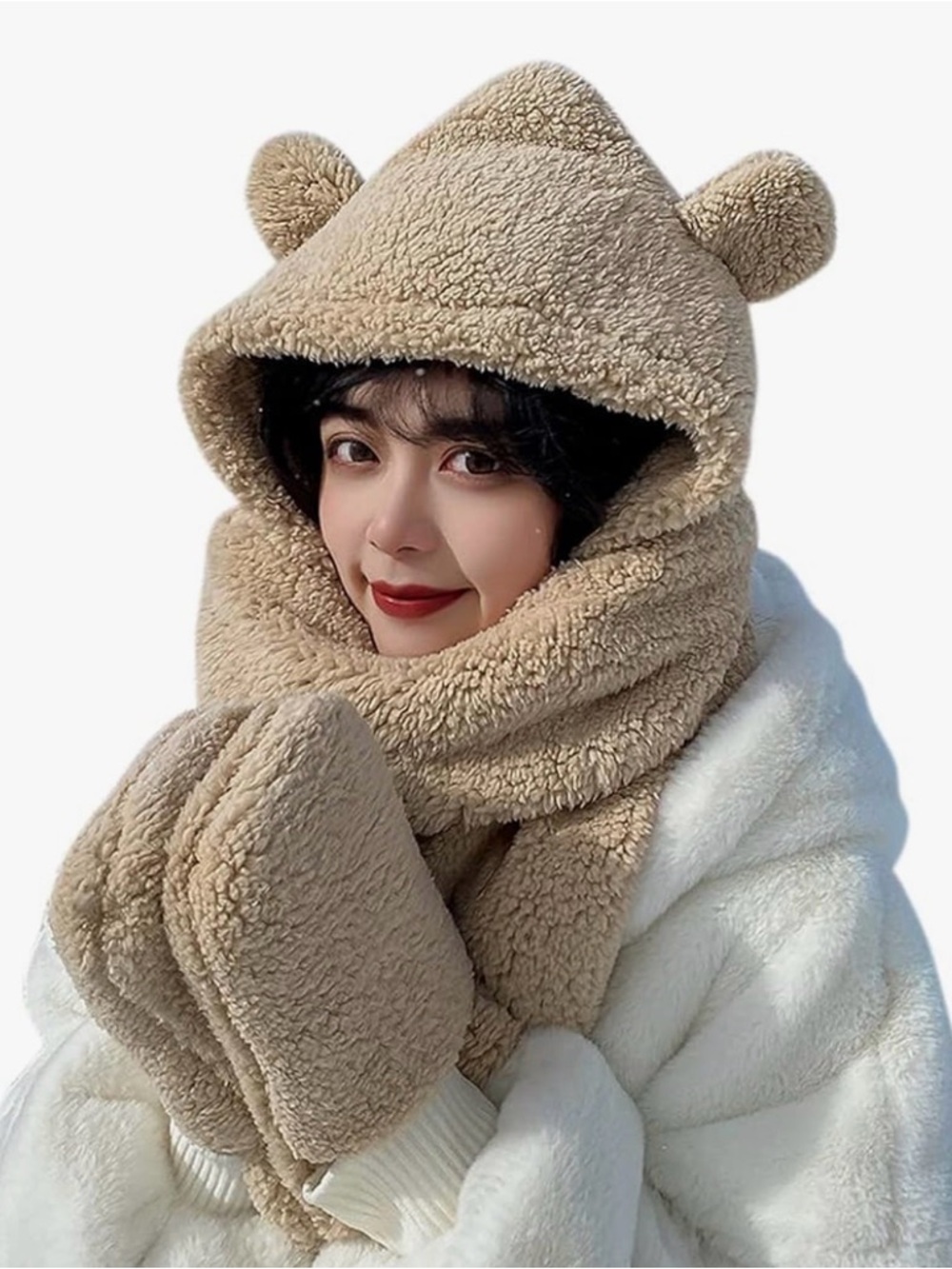 Cozy Teddy Bear Hooded Scarf with Mittens - Beige